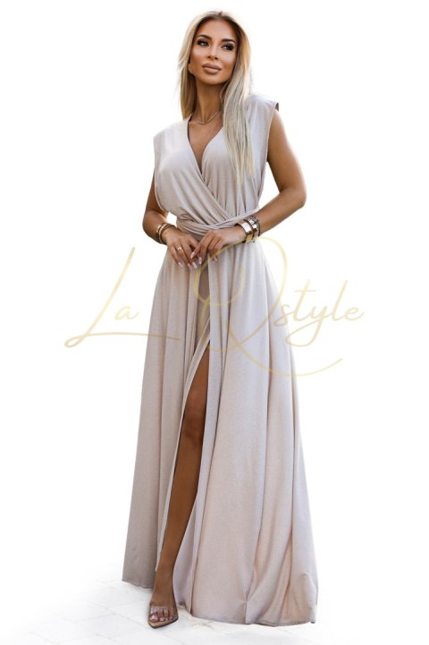 Elegancka długa suknia wiązana na wiele sposobów BEŻOWA z brokatem