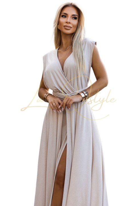 Elegancka długa suknia wiązana na wiele sposobów BEŻOWA z brokatem