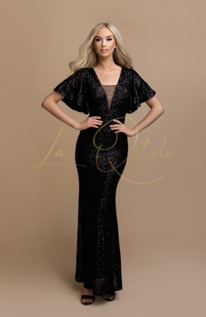 ADRIANNE długa cekinowa sukienka rybka z krótkim rękawem CZARNA