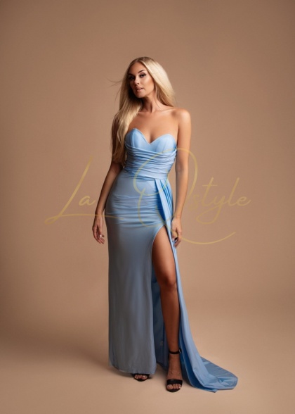 AGATHE dopasowana sukienka z trenem BŁĘKITNA