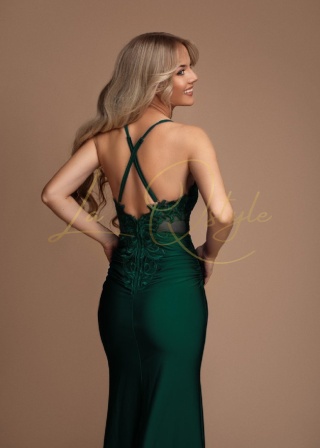 BENEDICTE dopasowana sukienka rybka z odkrytymi plecami i koronką BUTELKOWA ZIELEŃ