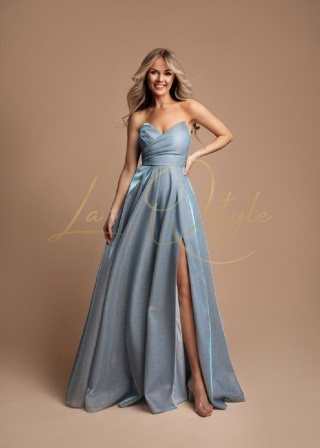 CLAIRE długa błyszcząca sukienka z rozcięciem i gorsetem księżniczka BŁĘKITNA