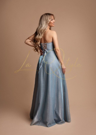 CLAIRE długa błyszcząca sukienka z rozcięciem i gorsetem księżniczka BŁĘKITNA