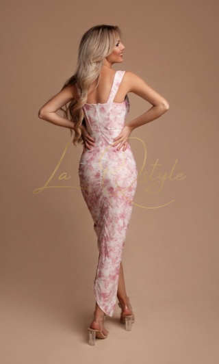 ELODIE asymetryczna, dopasowana midi sukienka z marszczeniami w kwiaty RÓŻOWO-BIAŁA