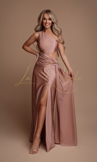 ERICA długa sukienka satynowa na jedno ramię z rozcięciami PUDROWY RÓŻ