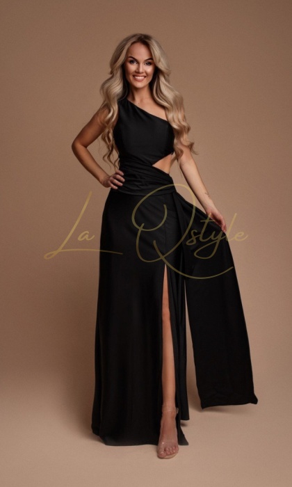 ERICA długa sukienka satynowa na jedno ramię z rozcięciami CZARNA