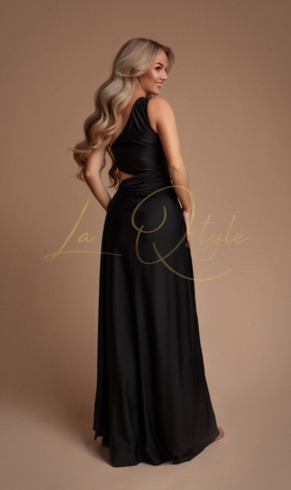 ERICA długa sukienka satynowa na jedno ramię z rozcięciami CZARNA