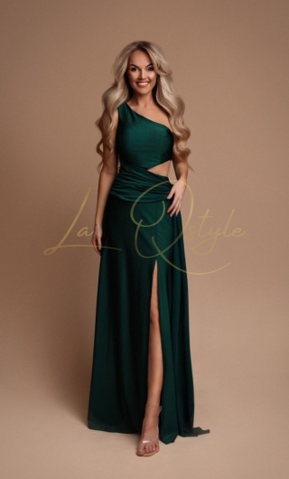 ERICA długa sukienka satynowa na jedno ramię z rozcięciami BUTELKOWA ZIELEŃ