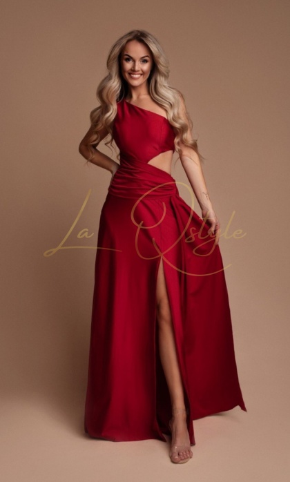 ERICA długa sukienka satynowa na jedno ramię z rozcięciami CZERWONA