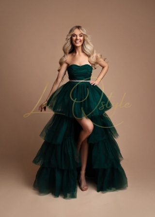 JESSIE tiulowa sukienka z gorsetem i krótkim przodem księżniczka BUTELKOWA ZIELEŃ
