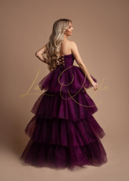 Tiulowa sukienka z gorsetem i krótkim przodem księżniczka BORDOWA