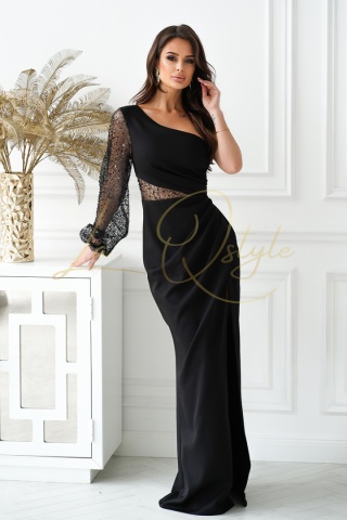 KORI dopasowana sukienka z cekinowym rękawem CZARNA