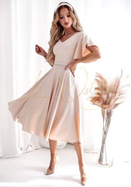 LUNA elegancka klasyczna sukienka midi z falbanami na rękawach BEŻOWA