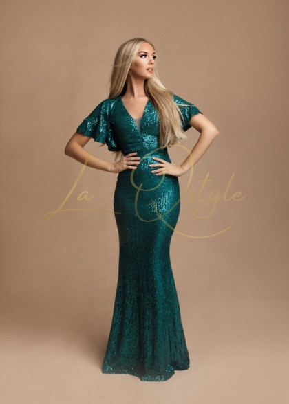 ADRIANNE długa cekinowa sukienka rybka z krótkim rękawem BUTELKOWA ZIELEŃ
