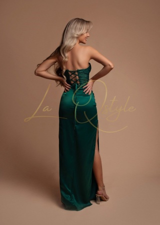 ROSE dopasowana satynowa sukienka z cekinowym gorsetem BUTELKOWA ZIELEŃ