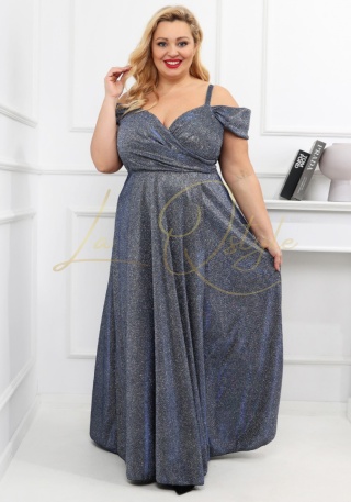 VALENTINA sukienka brokatowa z hiszpańskim dekoltem DISCO SREBRNO-NIEBIESKI