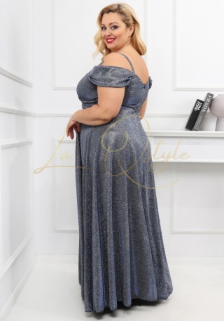 VALENTINA sukienka brokatowa z hiszpańskim dekoltem DISCO SREBRNO-NIEBIESKI