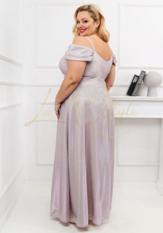 VALENTINA sukienka brokatowa z hiszpańskim dekoltem SZAMPAN-ZŁOTO-RÓŻ PLUS