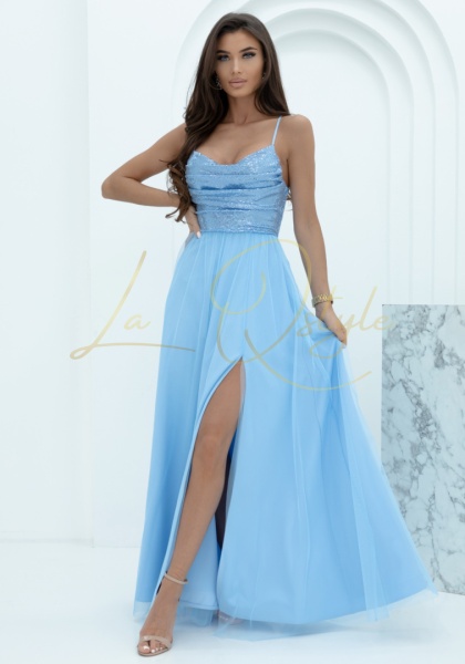 ARIEL tiulowa sukienka z cekinami i z wiązaniem na plecach BŁĘKITNA