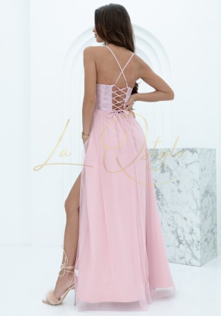 ARIEL tiulowa sukienka z cekinami i z wiązaniem na plecach PUDROWY RÓŻ