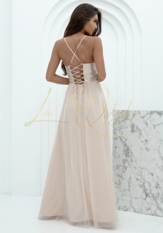 ARIEL tiulowa sukienka z cekinami i z wiązaniem na plecach ZŁOTA