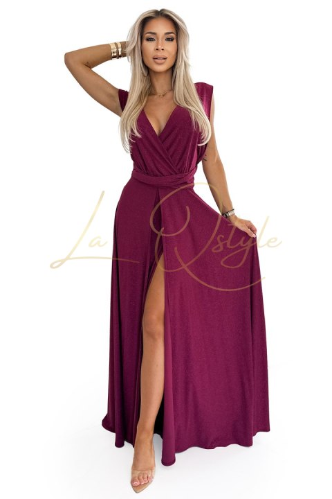 Elegancka długa suknia wiązana na wiele sposobów BORDOWA z brokatem