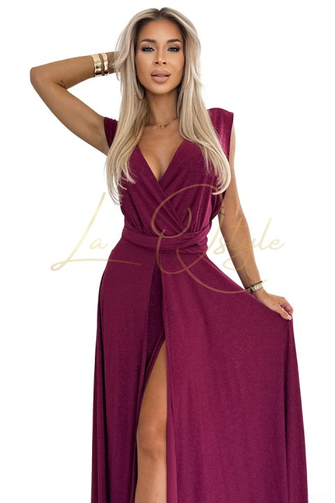 Elegancka długa suknia wiązana na wiele sposobów BORDOWA z brokatem