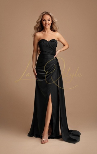 CLARA dopasowana satynowa sukienka z gorsetem i trenem CZARNA