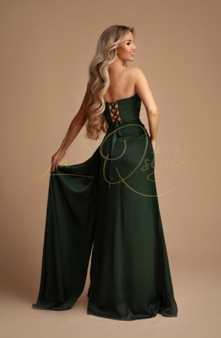 CLARA dopasowana satynowa sukienka z gorsetem i trenem BUTELKOWA ZIELEŃ