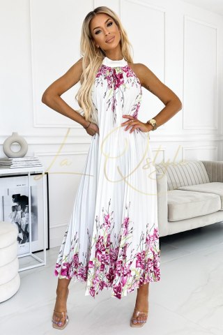 ESTER plisowana satynowa sukienka maxi BIAŁA W RÓŻOWE KWIATY