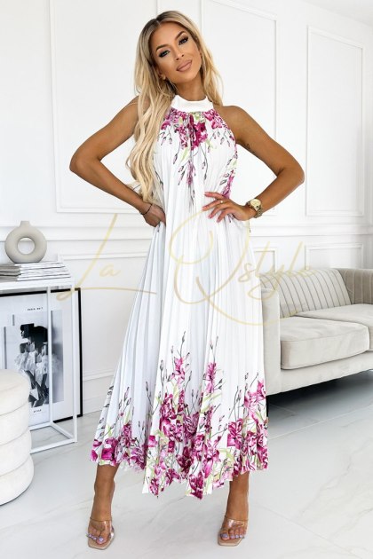 ESTER plisowana satynowa sukienka maxi BIAŁA W RÓŻOWE KWIATY