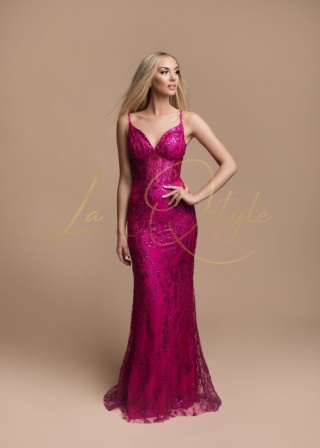 EVITA sukienka dopasowana brokatowa na ramiączkach FUKSJA