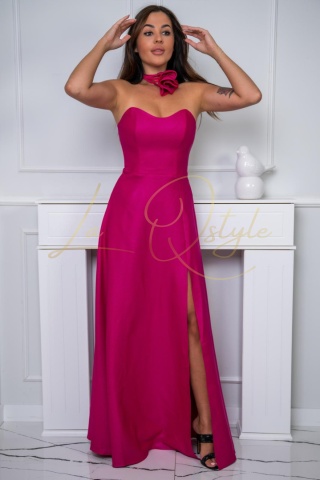 LILIANA błyszcząca sukienka z gorsetem i ozdobnym kwiatem FUKSJA