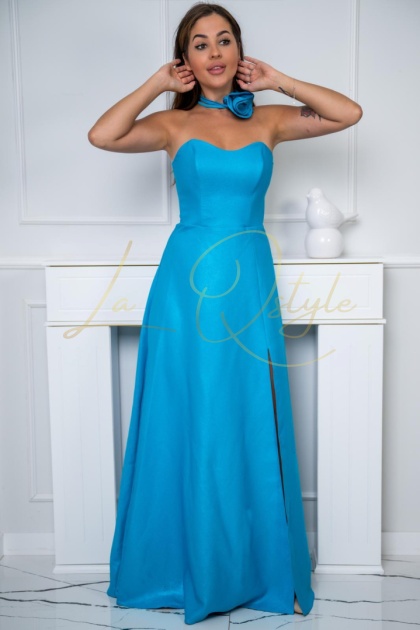 LILIANA błyszcząca sukienka z gorsetem i ozdobnym kwiatem TURKUSOWA