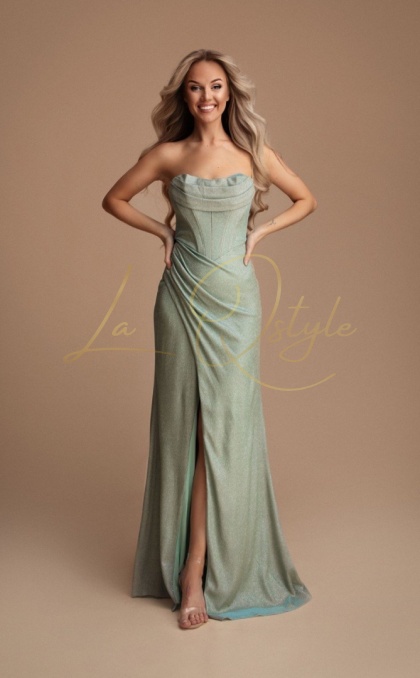 LYNA dopasowana błyszcząca sukienka z rozcięciem i gorsetem MIĘTOWA