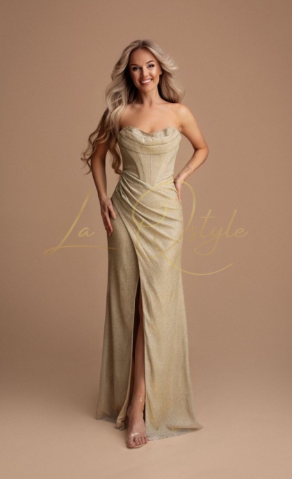 LYNA dopasowana błyszcząca sukienka z rozcięciem i gorsetem ZŁOTA