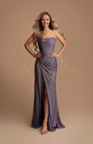 LYNA dopasowana błyszcząca sukienka z rozcięciem i gorsetem SREBRNO - NIEBIESKO - AMARANTOWA