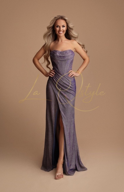 LYNA dopasowana błyszcząca sukienka z rozcięciem i gorsetem SREBRNO - NIEBIESKO - AMARANTOWA