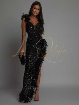 NAOMI asymetryczna sukienka cekinowa na ramiączkach z piórami CZARNA