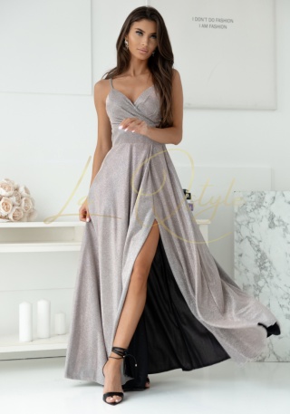 TIFANI długa brokatowa sukienka z rozcięciem BEŻOWA