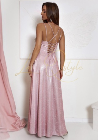 VALERIA sukienka brokatowa z wiązaniem na plecach PUDROWY RÓŻ