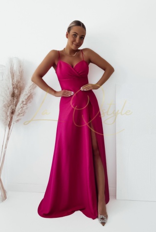 WENDY gładka sukienka z wiązaniem na plecach i rozcięciem FUKSJA