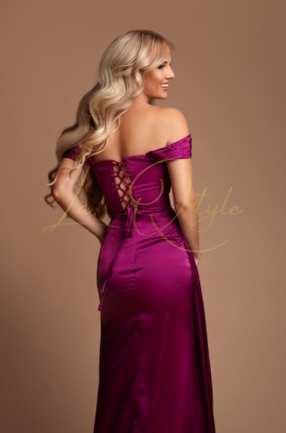 SOFIA satynowa sukienka z gorsetem, trenem i opadającymi ramiączkami BISKUPI