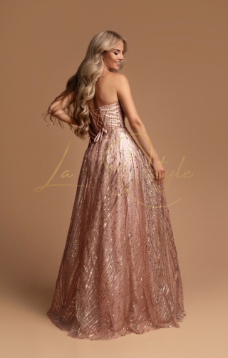 ELENA asymetryczna, brokatowa sukienka z tiulem i gorsetem księżniczka PUDROWY RÓŻ