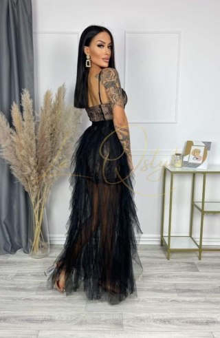 ELZA tiulowa asymetryczna sukienka z gorsetem CZARNY-BEŻ