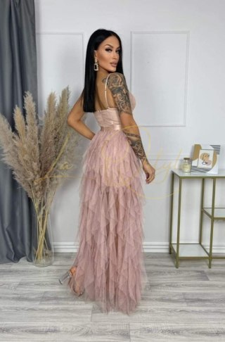 ELZA tiulowa asymetryczna sukienka z gorsetem PUDROWY RÓŻ