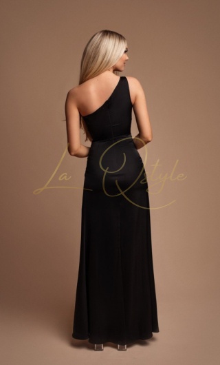 LARA dopasowana satynowa sukienka z gorsetem na jedno ramię CZARNA