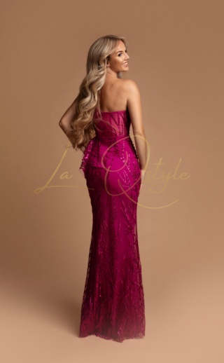 MEGGY dopasowana brokatowa sukienka z tiulem na jedno ramię FUKSJA