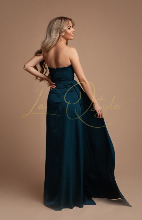 Gorsetowa dopasowana satynowa sukienka z trenem CIEMNA ZIELEŃ