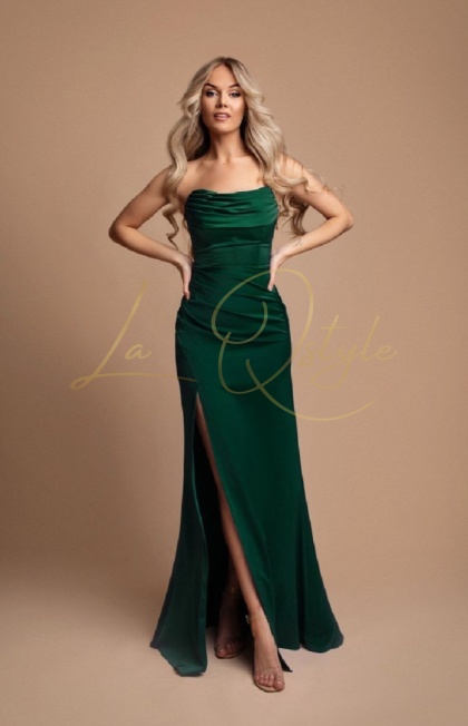 PENELOPE dopasowana, satynowa sukienka z gorsetem i rozcięciem na nogę BUTELKOWA ZIELEŃ
